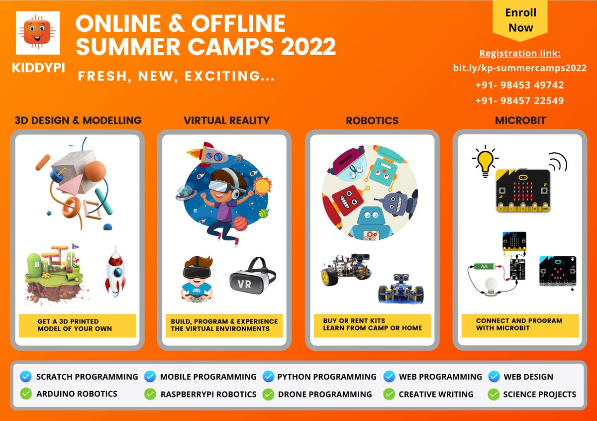kiddypi1's tweet image. ⭐𝗙𝗿𝗲𝘀𝗵, 𝗡𝗲𝘄 & 𝗘𝘅𝗰𝗶𝘁𝗶𝗻𝗴 𝗦𝘂𝗺𝗺𝗲𝗿 𝗖𝗮𝗺𝗽𝘀, 2022 - 𝗞𝗶𝗱𝗱𝘆𝗣𝗶 ⭐
ONLINE & OFFLINE
Create 10 projects in 10 days
Age groups: 6-7, 8-10, 11-16
Register Now!!
bit.ly/kp-summercamps…
𝗪𝗵𝗮𝘁𝘀𝗮𝗽𝗽 𝗼𝗿 𝗰𝗮𝗹𝗹📞
+91-98453-49742
+91-98457-22549