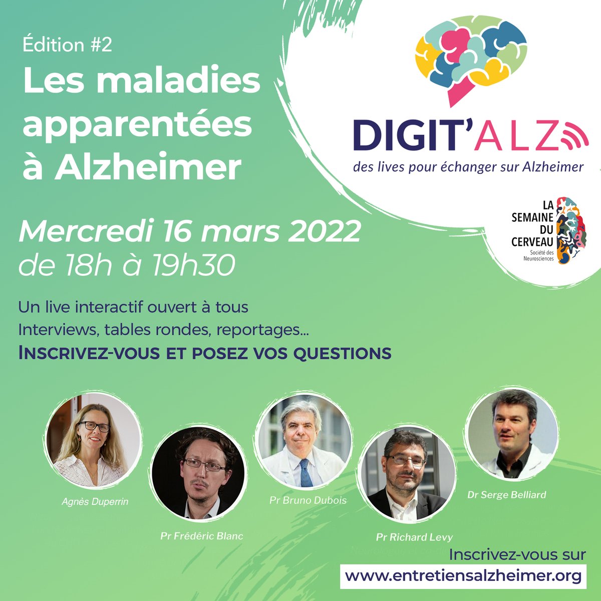 SemaineCerveau's tweet photo. Evénement Digit'Alz, conférence en ligne, interviews, tables rondes, reportages... sur le thème des maladies apparentées à #Alzheimer.
Mercredi 16 mars à 18h en ligne !
Gratuit et ouverte à tous sur inscription :
https://t.co/vtHh5Ek4GC
#digitalz @Alzh_Fondation #SdC2022 @APHP https://t.co/GCkZQ1EfoM