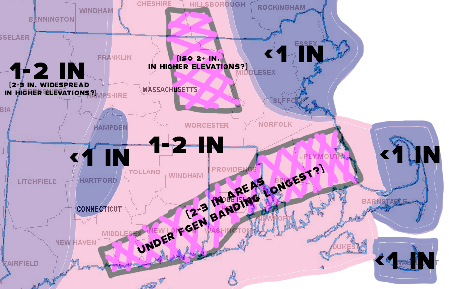 My snowfall forecast for tomorrow for Southern New England. Low SLR's and some snowflake melting on contact with the ground are making most model snowfall total 10:1 outputs wildly inaccurate #mawx #riwx #ctwx