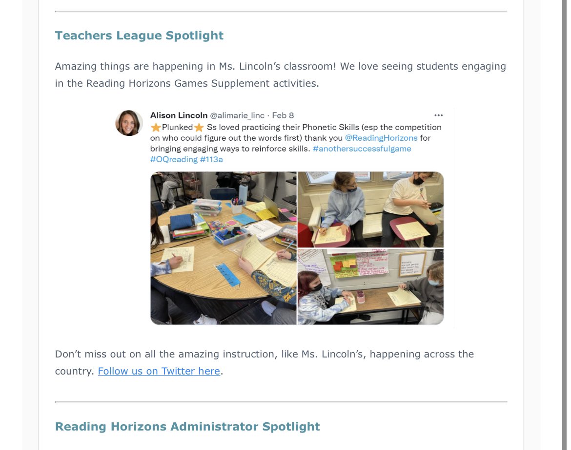 Ali__Lincoln's tweet photo. Thank you @ReadingHorizons for the spotlight in your February newsletter! My Ss and I are so honored (and they think it’s pretty cool 😎) #oqreading #113a https://t.co/zPiPqB1ZmD