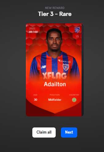 今回の報酬は0.02ETHとTier3Rare。
本命のオールスターだめだめで、惰性で出したアジアでカードゲット。Sorareあるある。