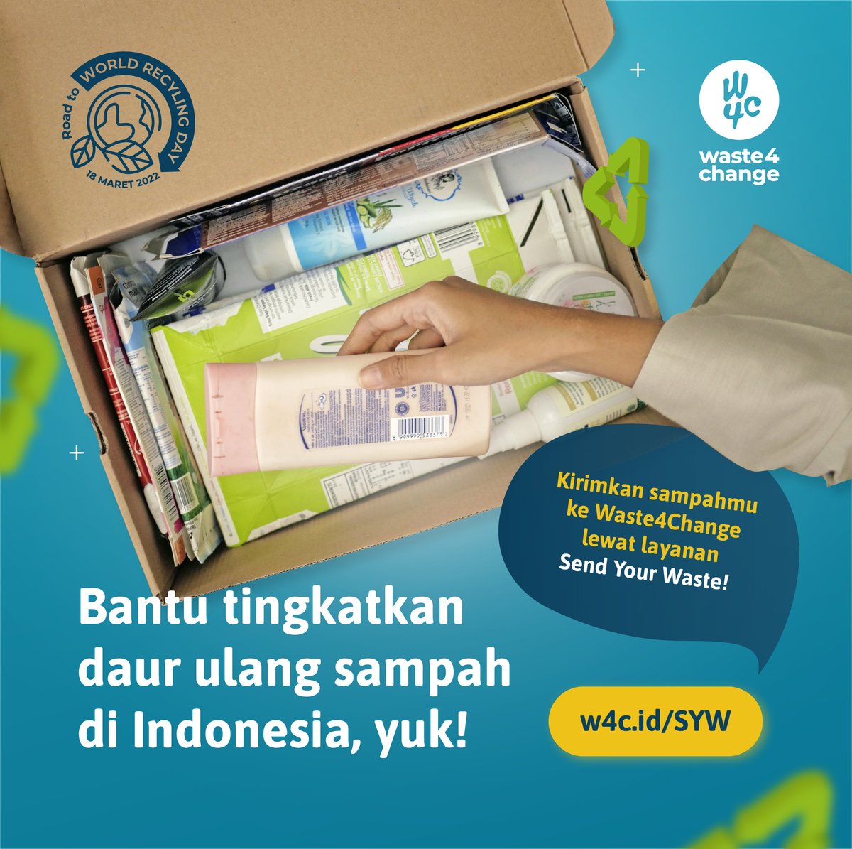 Jangan lupa untuk mengirimkan sampah dalam keadaan bersih dan terpilah, serta mencantumkan kode #SYW pada sampah yang akan dikirim ya! Untuk info lebih lanjut, kunjungi w4c.id/SYW 

#WorldRecyclingDay #DaurUlang #Recycle #ResponsibleWasteManagement #SendYourWaste