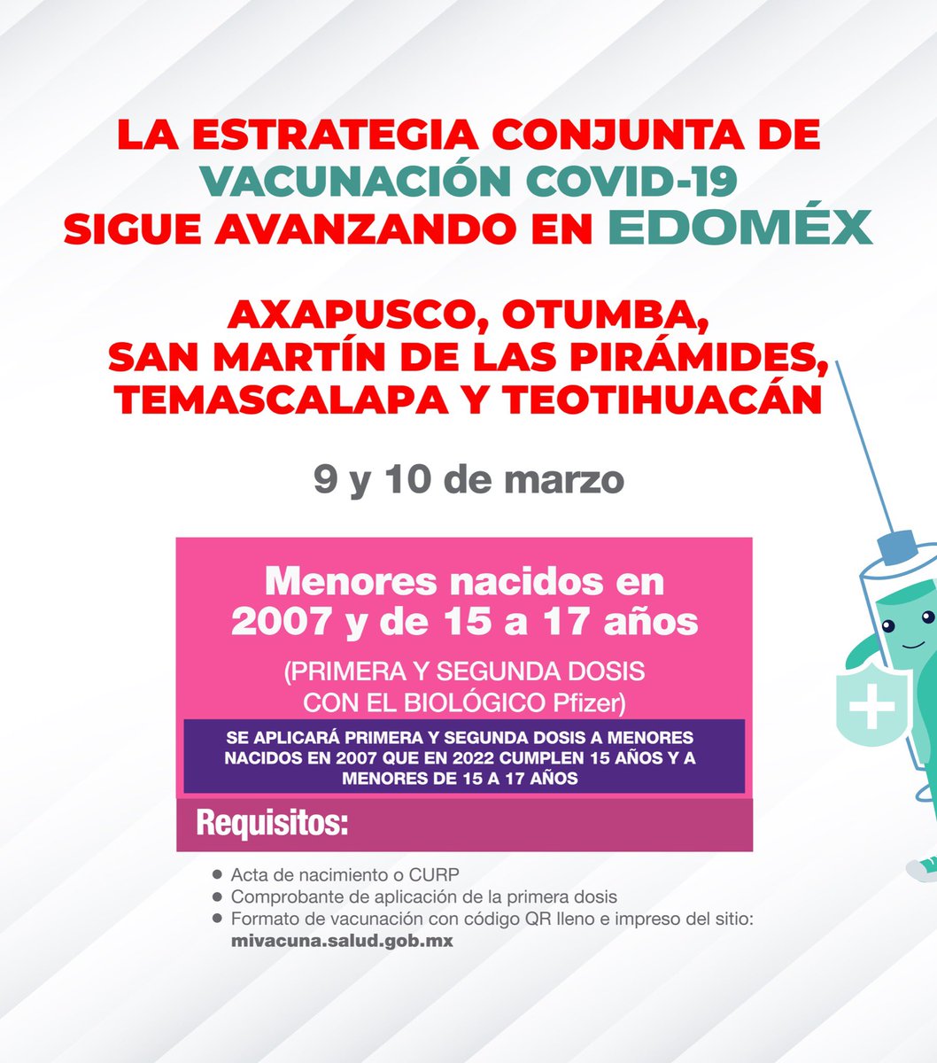 alfredodelmazo's tweet photo. El 9 y 10 de marzo aplicaremos la primera y segunda dosis a los menores nacidos en 2007 y de 15 a 17 años en #Axapusco, #Otumba, #SanMartínDeLasPirámides, #Temascalapa y #Teotihuacán. #EstrategiaDeVacunación https://t.co/u6MIzjJWHf