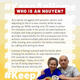 1alyssakang's tweet photo. An Nguyen immigrated as a refugee youth from Vietnam to the US. He faced poverty, bullying, and an education system that failed him, leading to a crime he served 26 yrs for. He now faces deportation to a country he has no ties to or family. #KeepAnHome

Thread ⬇️ https://t.co/Dk8r0USPzW