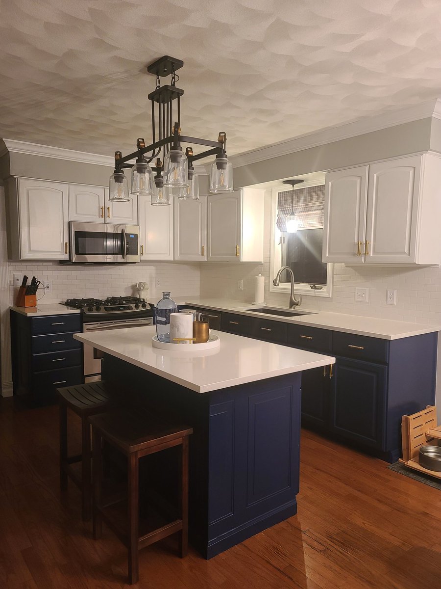 Before (black/ white) After (white/blue) 💙🤍💙🤍 I'm obsessed! Huge thank you to my fabulous husband <a href="/elliottbrettm72/">@ElliottBrettM72</a> for all his hard work the last few weeks to make this possible.  So much fresher.. cleaner and out style.  #remodel #kitchenstyle