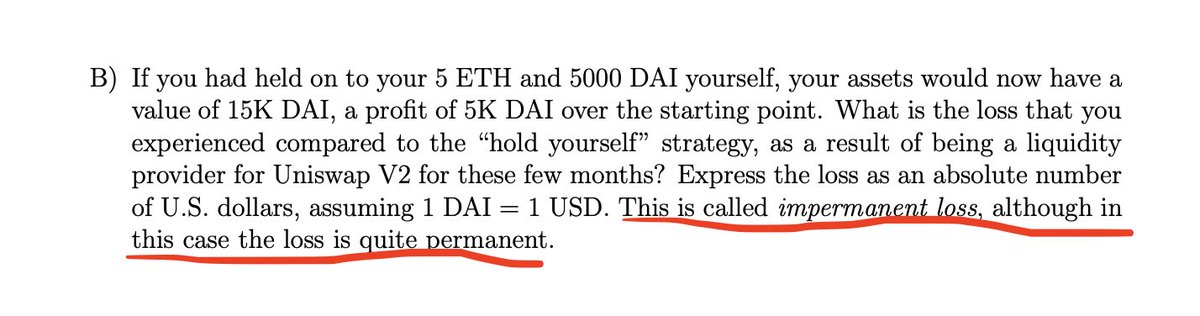 haydenzadams's tweet photo. Very fun to read the crypto questions in @Stanford CS251 Final Exam 

😂 love the casual flaming of "impermanent loss" in the @Uniswap v2 problem

Clearly this professor prefers "divergence loss"

https://t.co/tJLRepci6Q https://t.co/IL2JqO7Ci5