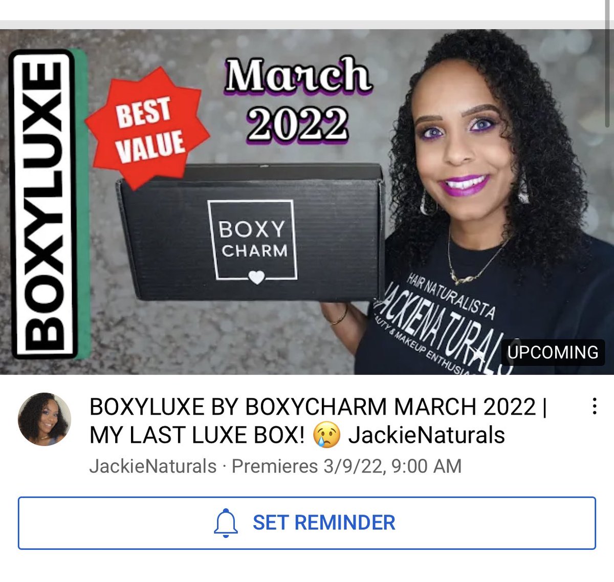 JackieNaturals's tweet photo. 🚨NEW VIDEO🚨BOXYCHARM LUXE BOX UNBOXING FOR MARCH 2022 IS PREMIERING ON MY CHANNEL @ 9AM EST!!! @boxycharm 

Watch: https://t.co/avs5ImvI3D

#boxyluxe #boxycharm #boxyspring2022 #boxycharmmarch #boxyluv #skincare #makeuplover #makeupjunkie #youtuber #jackienaturals https://t.co/L7BhtEYE37