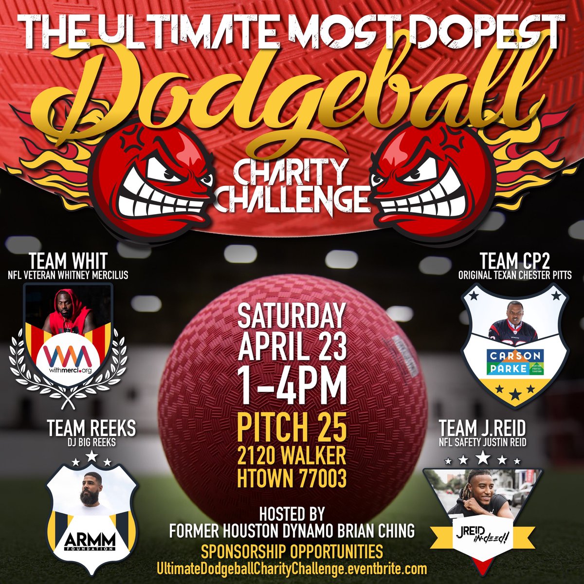 BoomMandI's tweet photo. We are so excited to announce the Ultimate Most Dopest Dodgeball Charity Challenge is back!! Your captains are NFL vet @Merci380 playing for @WithMerci NFL safety @JustinqReid playing for #JReidIndeed @ChesterPitts for #carsonparke and @djbigreeks for #ARMM https://t.co/KrPG8ds6x1