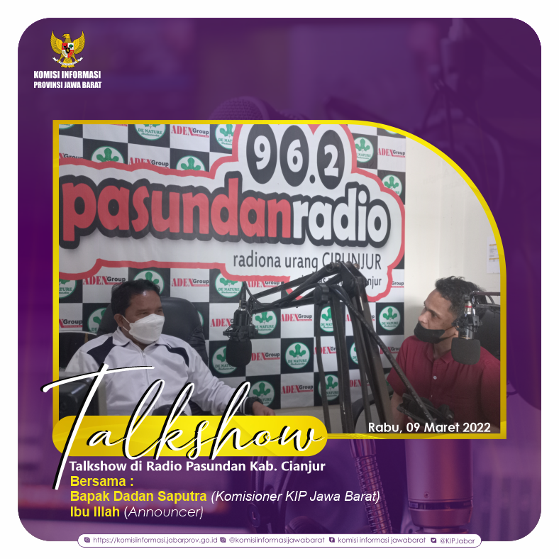KIPJabar's tweet photo. Pantengin terus yaaa Podcast Komisi Informasi di Radio Pasundaan 96,2
Tema
"Keterbukaan Informasi Publik Untuk Mendorong Tata Kelola Desa" 
Bersama
1. Dadan Saputra (Komisioner KIP Jabar)
2. Ibu Ilah (Announcer)
Di Radio Pasundan 96,2 Kab. Cianjur
Rabu, 09 03 2022
Pukul 10.00 WIB https://t.co/CpD8Vjeyzp