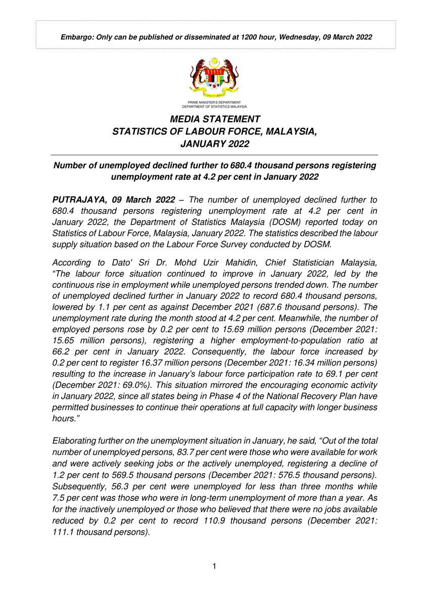 DOSM_MBLS's tweet photo. DOSM MEDIA STATEMENT:
STATISTICS OF LABOUR FORCE, MALAYSIA, JANUARY 2022
#MBLS #DOSM #LabourStatistics #LabourForceStatistics #LMIAP #MyLMID https://t.co/Ng24OjFUUn
