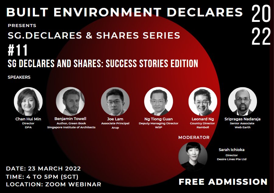 webstruc's tweet image. Built Environment Declares Presents: SG Declares & Shares Series
Webinar #11 SG Declares and Shares: Success Stories Edition
Date: 23 March 2022 (Wednesday)
Time: 4pm - 5 pm (SGT)
Free registration here: us06web.zoom.us/webinar/regist…
@BuiltEnvDec #webinar #sustainability #environment