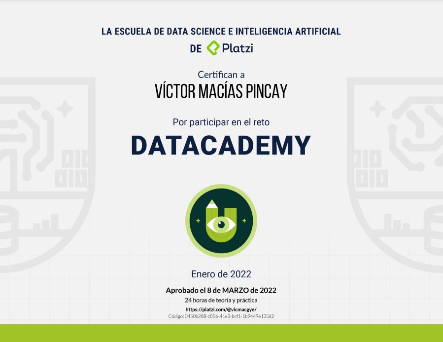 _vicmacgye's tweet image. @platzi he culminado el reto #Datacademy fue muy arduo porque empecé de cero con el uso de Python, notebooks, terminales de comando. Ahora a continuar con los cursos en Data Science. Gracias a los profesores @facmartoni @silari_ @jvelezmagic @el_pachocamacho 🌟🌟🌟🌟🌟