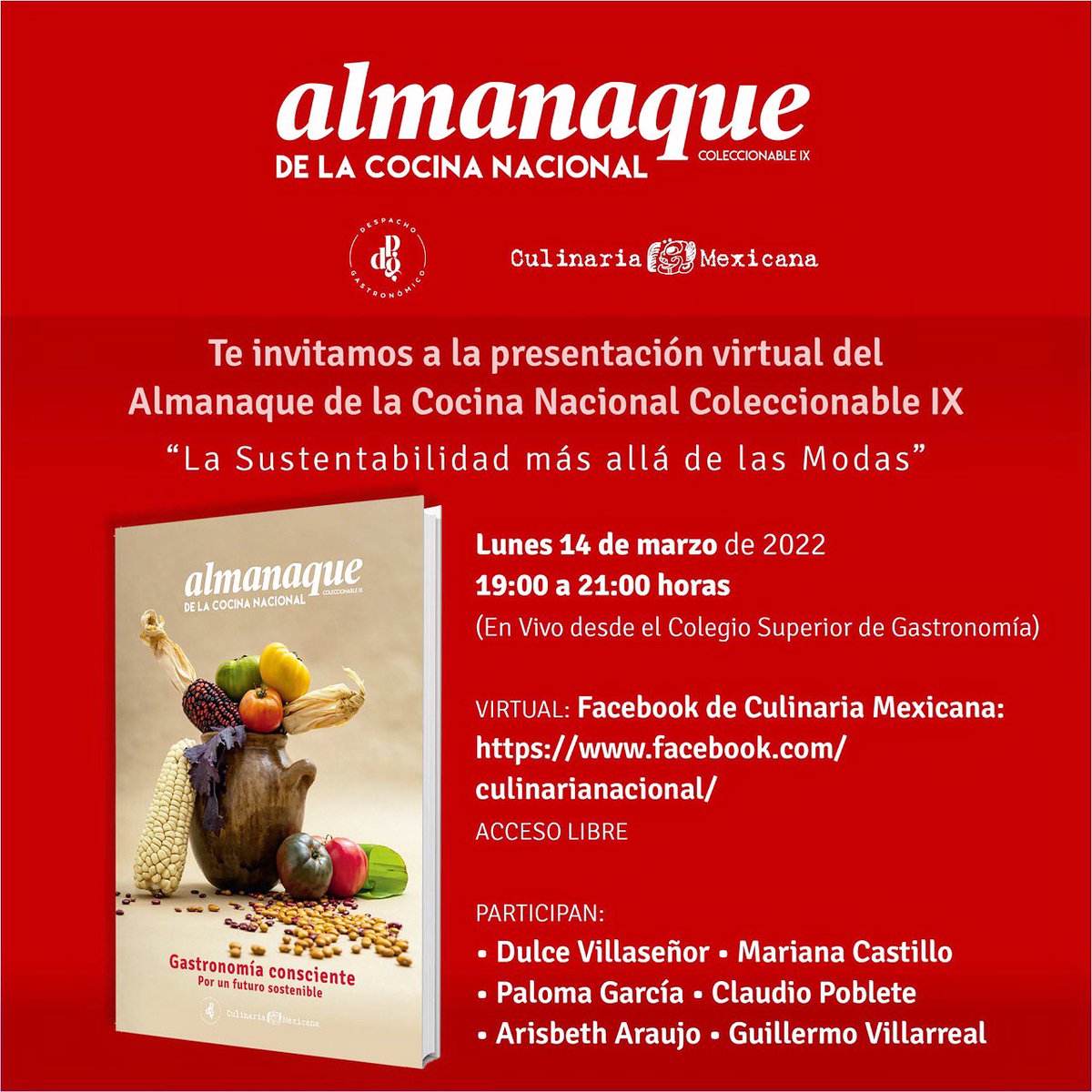 Te invitamos a la presentación virtual de la novena edición del #Almanaque de la Cocina Nacional. Lunes 14 de #marzo a las 19:00 horas en nuestro perfil de facebook facebook.com/culinarianacio…