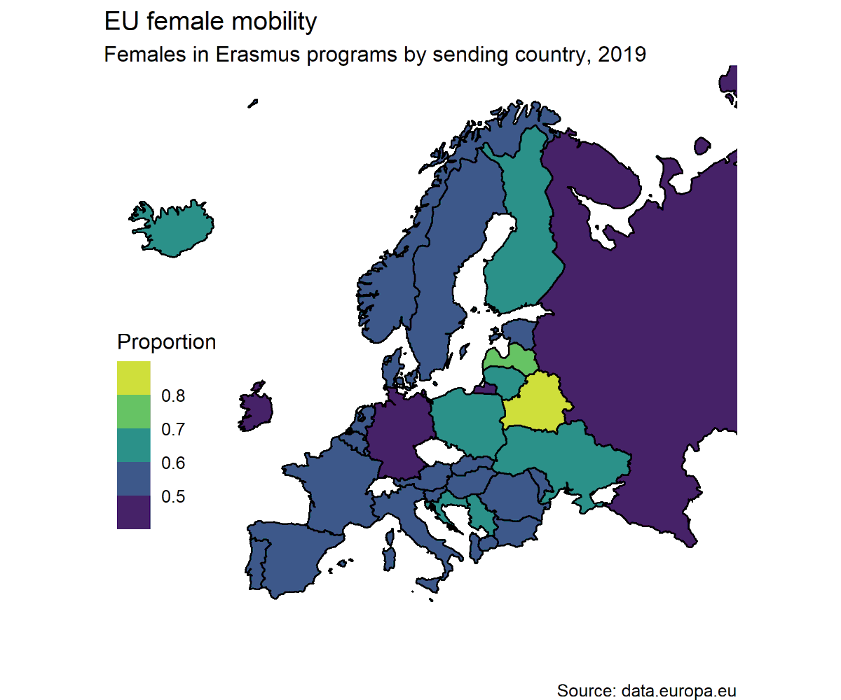diegryllid's tweet photo. My #TidyTuesday plot for this week comes with a lot of female power!

Engagement of european females in Erasmus programs is impressive. Part of computer modelling class @CSUNorthridge, @NSilbiger.

Code: https://t.co/I9ieR4jkjm https://t.co/Zbijyk5iPq