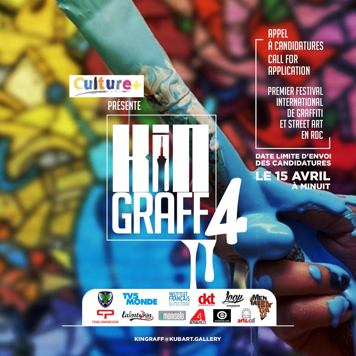 Kin-graff 4ème édition, les appels à candidatures sont ouverts 
➡️ vous êtes artistes visuels, opérateurs culturels.Faites parvenir votre candidature ( cv, portofolio)  à l’adresse courriel suivante : kingraff@kubart.gallery

Cc <a href="/YannKwete/">Yann Kwete</a>
