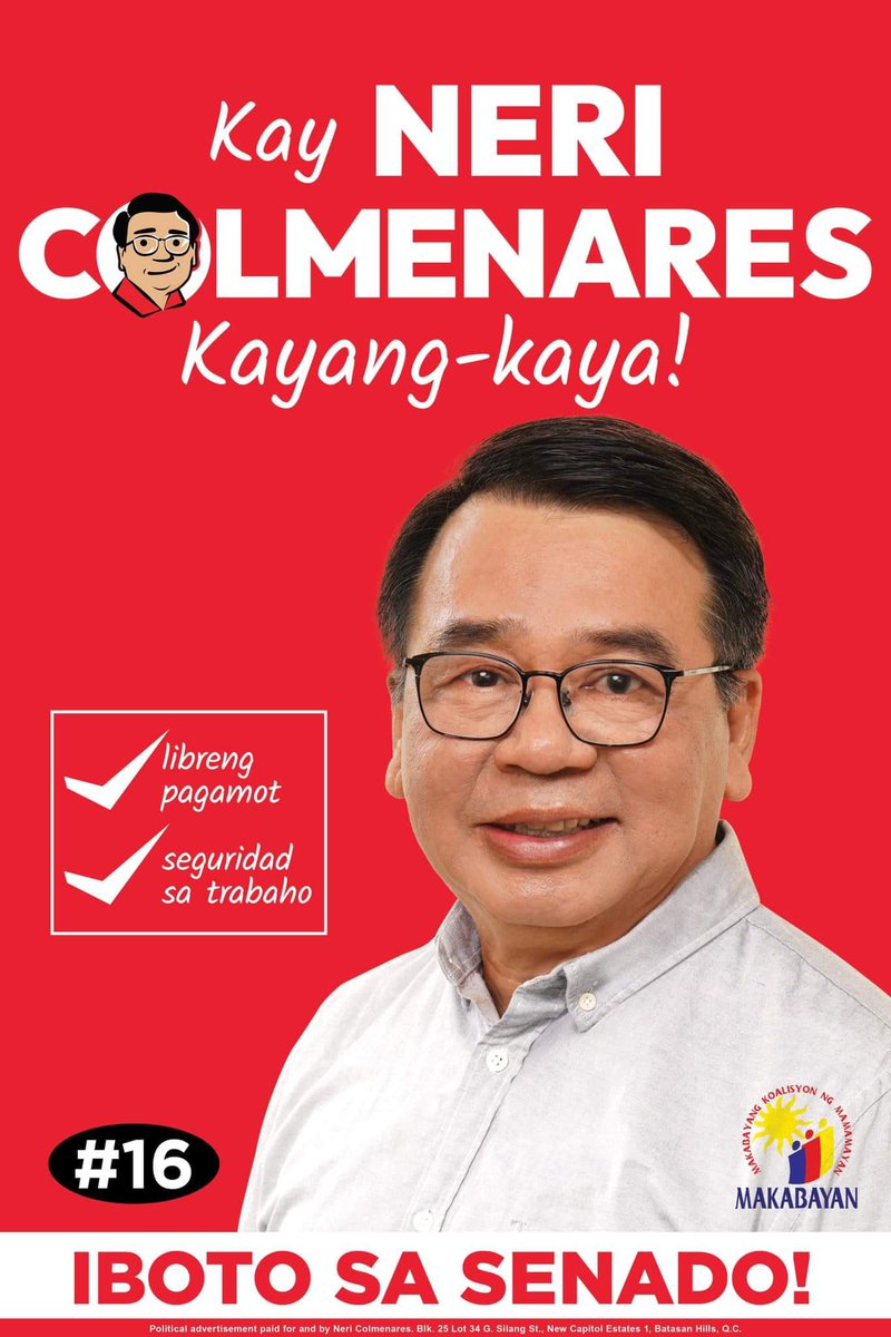 1SambayanSor's tweet photo. NERI COLMENARES, tagapangtanggol ng karapatang pantao!
Sino nga ba si @ColmenaresPH? Heto po ang mga nagawa’t isinusulong niya.
#KayangKaya niyang maging boses at kakampi ng karaniwang tao sa Senado!
Samahan natin si #ColmeNeri tungo sa #GobyernongTapat.
#16ColmenaresSaSenado https://t.co/5obdG54Gzb