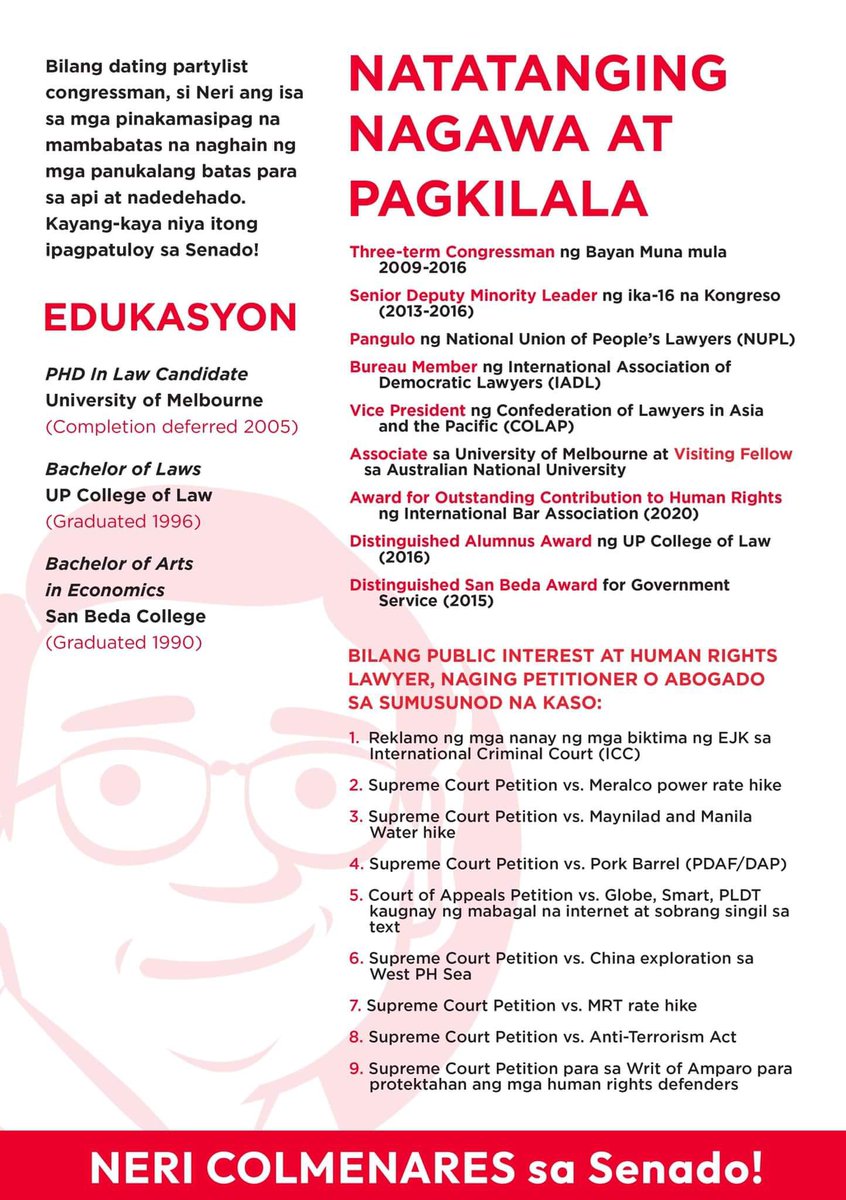 1SambayanSor's tweet photo. NERI COLMENARES, tagapangtanggol ng karapatang pantao!
Sino nga ba si @ColmenaresPH? Heto po ang mga nagawa’t isinusulong niya.
#KayangKaya niyang maging boses at kakampi ng karaniwang tao sa Senado!
Samahan natin si #ColmeNeri tungo sa #GobyernongTapat.
#16ColmenaresSaSenado https://t.co/5obdG54Gzb