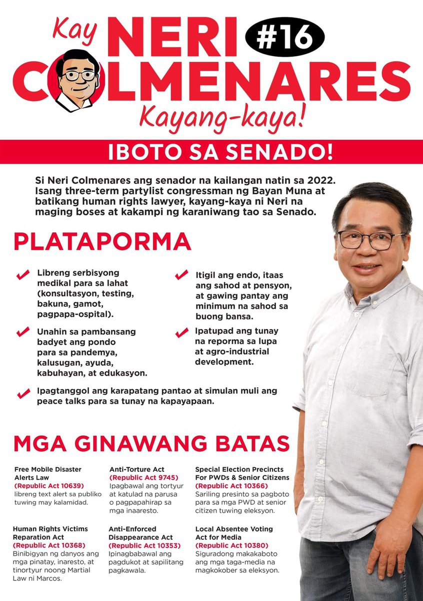 1SambayanSor's tweet photo. NERI COLMENARES, tagapangtanggol ng karapatang pantao!
Sino nga ba si @ColmenaresPH? Heto po ang mga nagawa’t isinusulong niya.
#KayangKaya niyang maging boses at kakampi ng karaniwang tao sa Senado!
Samahan natin si #ColmeNeri tungo sa #GobyernongTapat.
#16ColmenaresSaSenado https://t.co/5obdG54Gzb