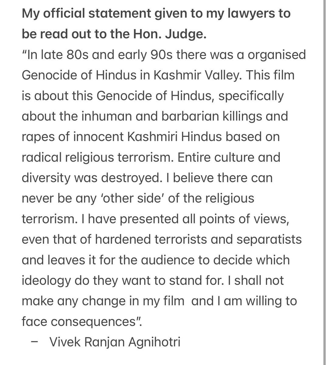 vivekagnihotri's tweet photo. This was my official statement given to advocates to be read out to the court. However, the need didn’t arise. 
#TheKashmirFiles
#RightToJustice https://t.co/3QFNEd0lsh