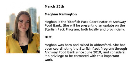 Next week’s speaker will provide our club with an update on #StarfishPack Program in BC. <a href="/AbbyFoodBank/">Archway Food Bank</a> @jrod_santiago <a href="/rotary5050/">Rotary District 5050</a> #Abbotsford #Rotary abbotsfordrotary.com