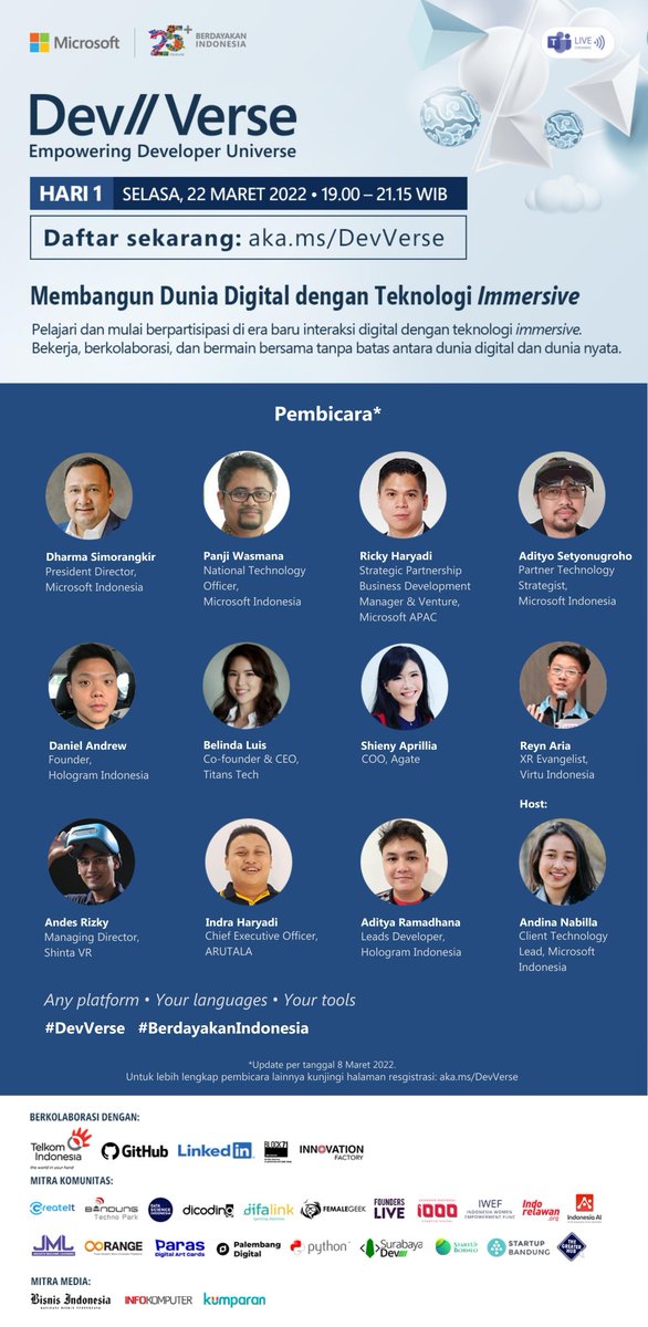 MicrosoftID's tweet photo. Di hari pertama Dev//Verse pada 22 Maret 2022 mendatang, Microsoft Indonesia akan membedah bagaimana Teknologi Immersive berkembang di Indonesia.
Daftar sekarang: https://t.co/4V5e5HyKxD
#DevVerse #BerdayakanIndonesia https://t.co/lkjdUMaZqB