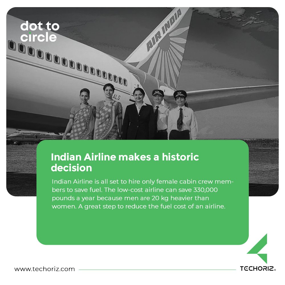 DottoCircle1's tweet photo. Indian Airline is all set to hire only female cabin crew members to save fuel. The low-cost airline can save 330,000 pounds a year because men are 20 kg heavier than women. A great step to reduce the fuel cost of an airline.
#dottocircle #cyberpark #indianairline #femalecabin https://t.co/rln1aDMPae