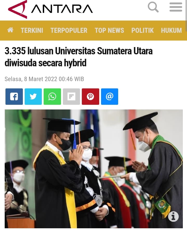 Rektor Universitas Sumatera Utara (USU) Dr Muryanto Amin, M.Si melantik sebanyak 3.335 orang wisudawan/wisudawati pada wisuda Periode II Tahun Akademik 2021/2022 yang diadakan secara hybrid di Auditorium USU, Medan, Senin (7/3) 2022. 

instagram.com/p/Ca3vmJCrUUR/…