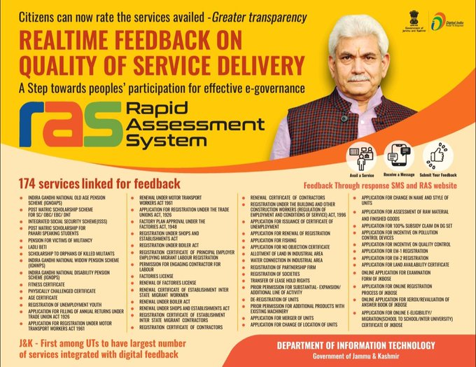 RadioChinar's tweet photo. The govt has introduced a Real time feedback on quality of service delivery to improve the experience &amp; provide better service to people
174 services have been linked to get the feedback through SMS &amp; RAS Website
#ProsperousKashmir 
@ErMehrajMalik 
@MayorofS 
@OfficeOfLGJandK https://t.co/5D6Sj7sREG