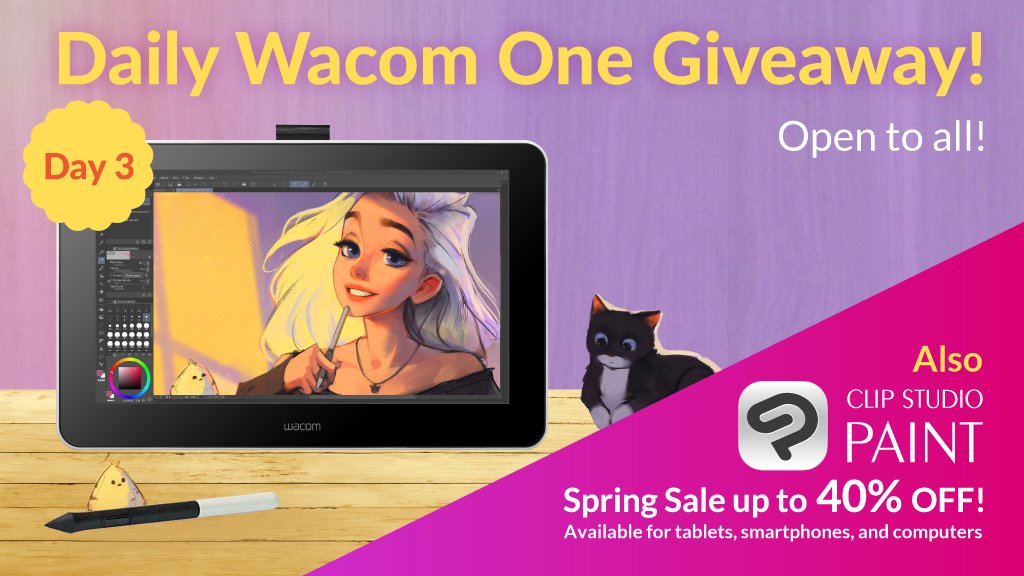 Ends 8 am (UTC/GMT) March 15th! Clip Studio Paint up to 40% off! Open to all! Follow &amp; RT this tweet to enter to win a Wacom One! One winner every day of the sale! Day 3 starts now - 4 chances left to win!
Details: clipstudio.net/promotion/give…