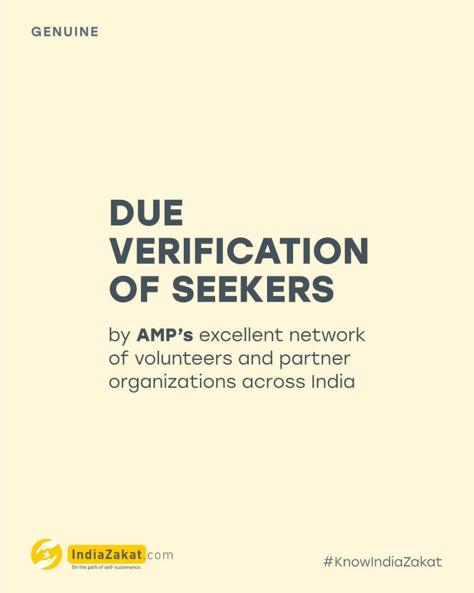 <a href="/TheIndiaZakat/">IndiaZakat</a> is known to host only Genuine with Verified Causes.
Due verification of Help seekers is done by AMP’s excellent network of Volunteers&amp;Partner Organizations that r spread all across India
The verification includes:
- KYC
- Reference check
- Background Verification