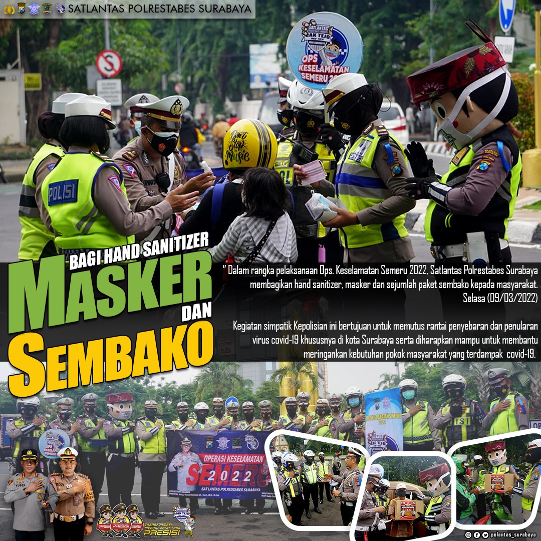 polantassby's tweet photo. Unit Turjawali dan Unit Kamsel Satlantas Polrestabes Surabaya membagikan Masker,Hand Sanitizer  dan Sembako 
Kepada Pengunajalan Yang melintas di Jl.Panglima Sudirman Surabaya https://t.co/oVDZj0ZOq5