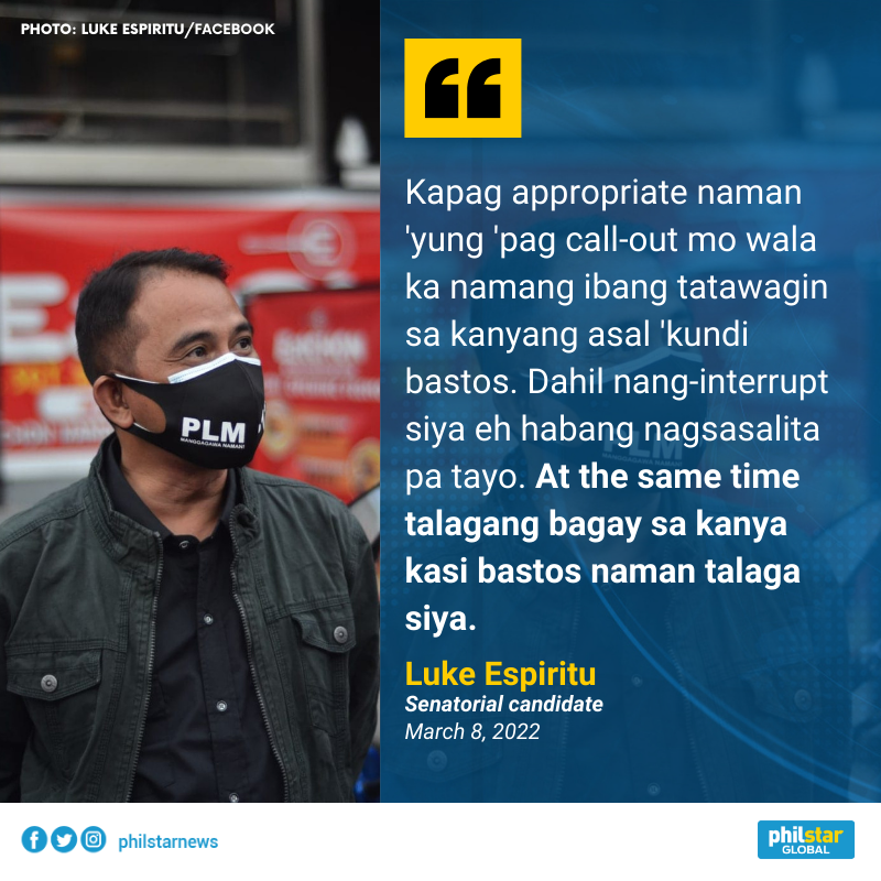 PhilstarNews's tweet photo. ‘BASTOS NAMAN TALAGA SIYA EH’

Senatorial candidate Luke Espiritu said it is just right to call the suspended lawyer Larry Gadon “bastos” when asked by One PH’s Wag Po regarding their heated exchange during the SMNI debates. #BilangPilipino2022 https://t.co/kXIBywYqPt