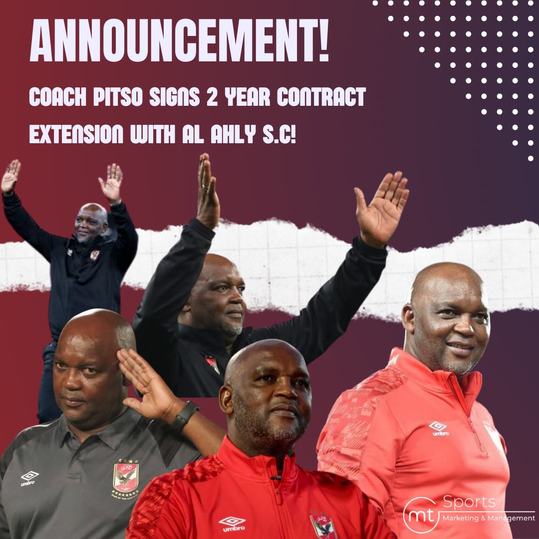 MTSports10's tweet photo. ANNOUNCEMENT!🚨🚨🚨

We are proud to announce that our coach and his technical team have signed a 2 year Contract extension with @AlAhly !🙌🏾

We can’t wait to be part of this journey and see what’s ahead! 🏆🏆🏆

#MosimaneIsHereToStay #ChangingTheGame #WeAreLegendMakers https://t.co/RYf5Npc1uL