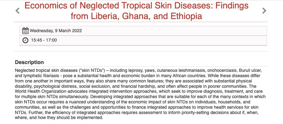 LSHTM_GHECO's tweet photo. Today at #AfHEA2022!

At 3:45pm GMT, @Pennymols presents a conceptual model for assessing the cost-effectiveness of integrated case finding &amp; management strategies for neglected tropical skin diseases, in session organised by @skin_africa.

Learn more ➡️ https://t.co/RzTUXSqtar https://t.co/YPuNESp9SW
