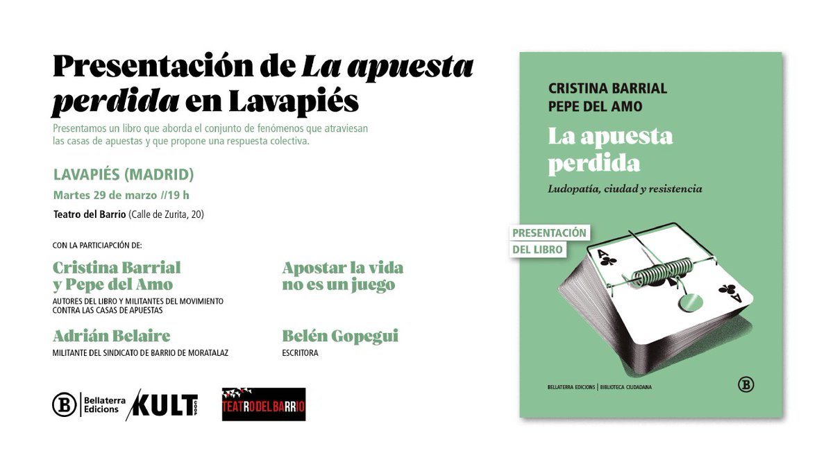 Por fin <a href="/cristinabarrial/">cristina barrial berbén</a> y yo presentamos «La apuesta perdida» en el <a href="/teatrobarrio/">Teatro del Barrio</a>. Y qué guay hacerlo junto a Belén Gopegui (<a href="/comandogopegui/">comando gopegui</a>) y <a href="/Adrian_Pvk/">🌹Pavka 🌑</a> del <a href="/SindicatoMtz/">Sindicato de Vivienda de Moratalaz</a>.

pd: habrá alguna sorpresita 😊😊

aquí en enlace para reservar sitios:
teatrodelbarrio.com/presentacion-d…