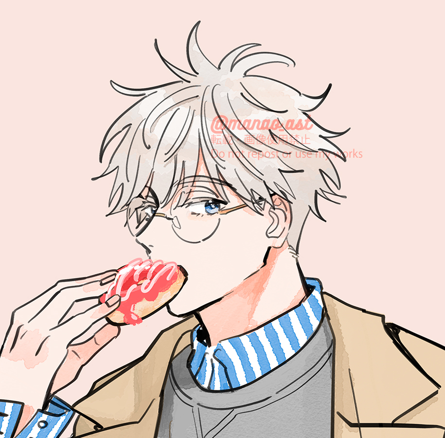 1boy male focus blue eyes solo food glasses short hair  illustration images