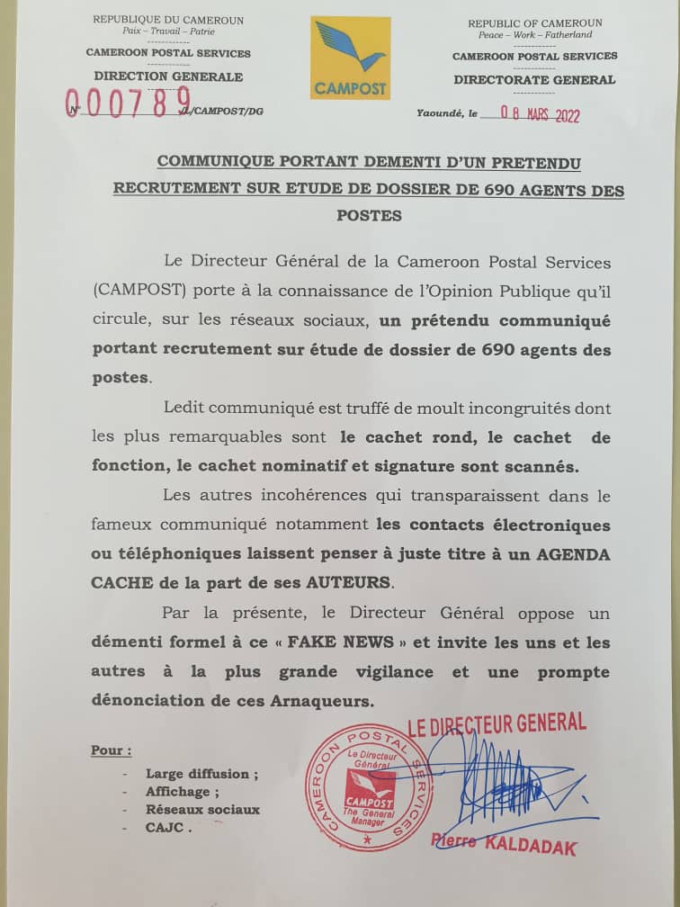 Attention aux #FAKE!!!⚠️⚠️⚠️
La <a href="/CampostOfficiel/">CAMPOST</a> #Campost ne recrute pas ! Le démenti du DG #PierreKaldadack

#tt237 #team237