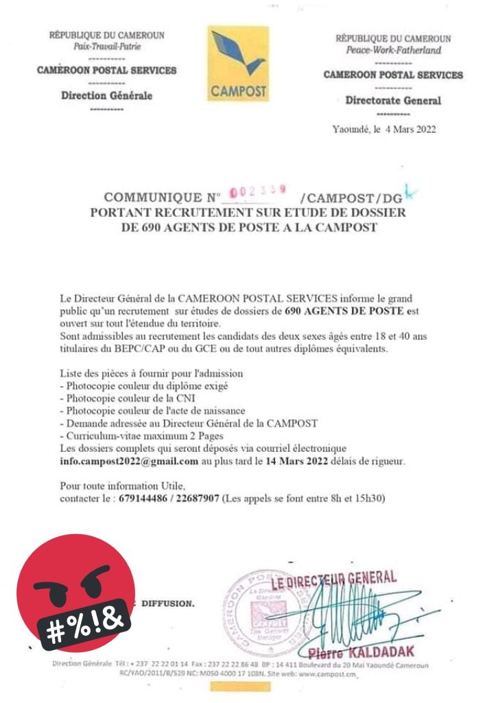 SmartClickAFR's tweet photo. Attention aux #FAKE!!!⚠️⚠️⚠️
La @CampostOfficiel #Campost ne recrute pas ! Le démenti du DG #PierreKaldadack

#tt237 #team237 https://t.co/3J79DbXuvo