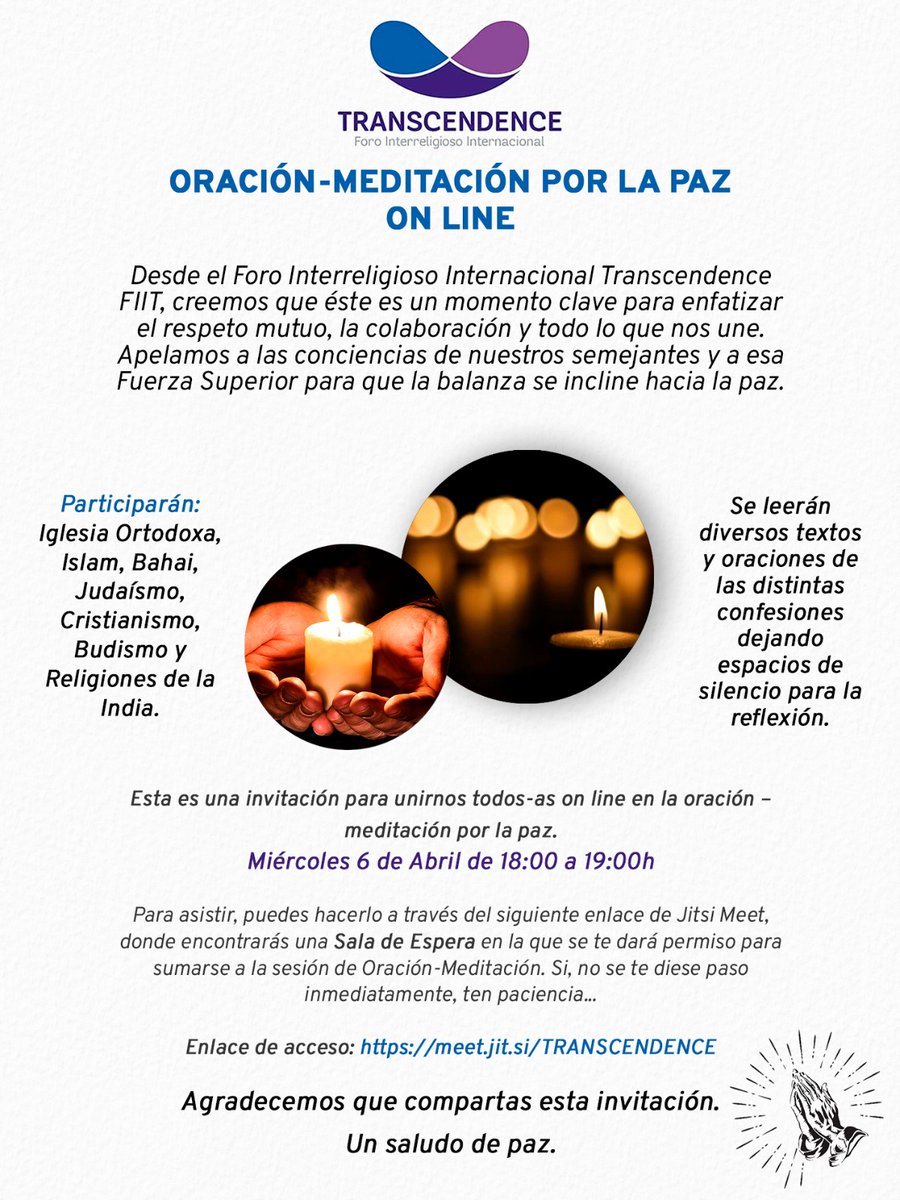 sjm_vlc's tweet photo. En tiempos de dolor provocado por la guerra, las diferentes confesiones religiosas que formamos parte del foro #Transcence organizamos una oración-meditación por la #PAZ. + INFO en el cartel.
#DiálogoInterreligioso
#ReligiousTolerance https://t.co/pxvt7mY0wy