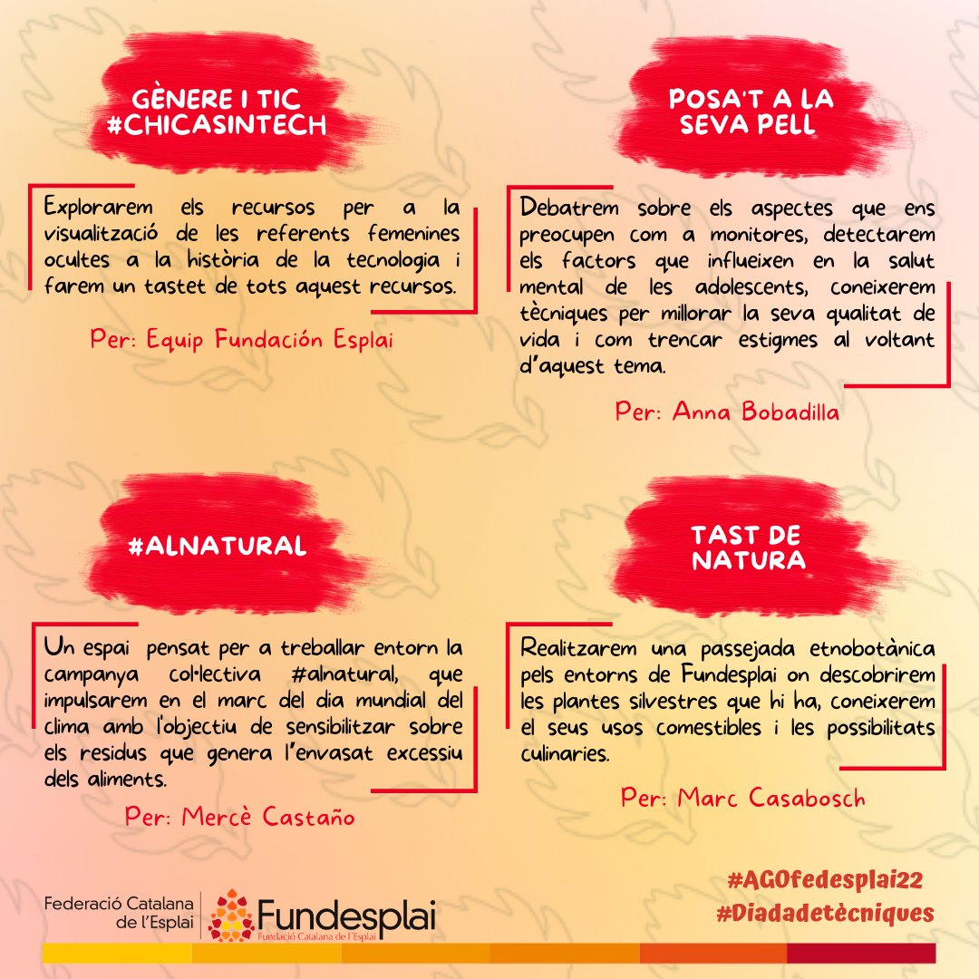 Comencem a presentar-vos alguns dels espais formatius de la Diada de Tècniques de l’AGOfedesplai22 👏👏

#AGOfedesplai22 #diadadetècniques