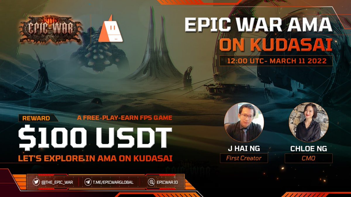 🎙Epic War is excited to announce #AMA with <a href="/kudasai_japan/">KudasaiJP🇯🇵🧡</a>  community on March 11th at 12:00 UTC 
🌟Reward: 100$
📌AMA Rules
1. Join:  t.me/epicwarglobal
2. Follow: <a href="/the_epic_war/">Epic War Official</a> &amp; <a href="/kudasai_japan/">KudasaiJP🇯🇵🧡</a> 
3. Like / RT / Tag 3 Friends