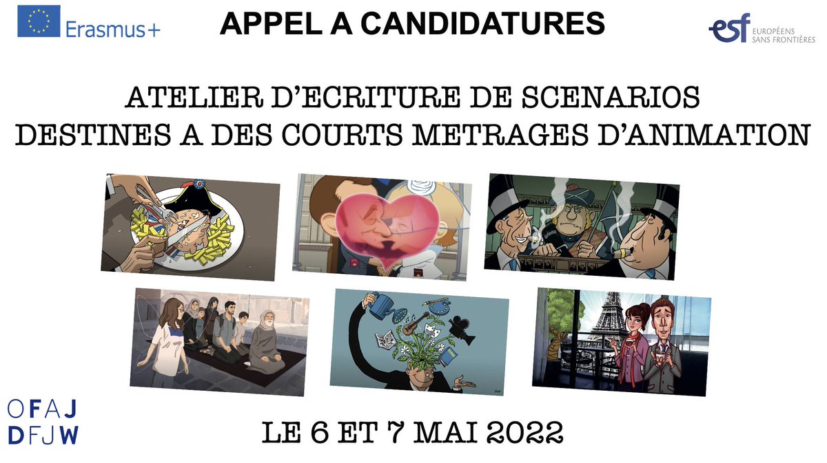 (Thread)
✏️ 1- Participez à l’appel à candidatures pour un atelier d’écriture de scénarios destinés à des courts-métrages d’animation les 6 et 7 mai 2022. Plus d'informations ci-dessous ! #Erasmus #OFAJ #ESF