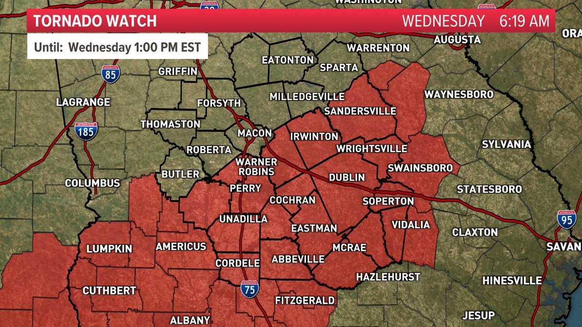 AForbesWx's tweet photo. JUST IN: A Tornado Watch has been issued for parts of central Georgia until 3/09 1:00PM. Tune into 13WMAZ and check https://t.co/PKkz59Wdft for the latest information. #GAwx https://t.co/2VnEWpKpYs