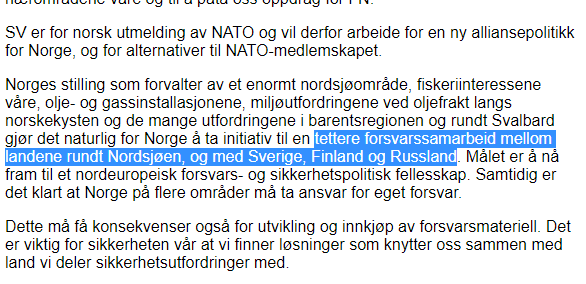 vanebo's tweet photo. SV sier i dag at partiet vil over i andre former for allianser og samarbeid istedenfor NATO. En slik annen løsning foreslo partiet i sitt prinsipprogram 2005-2009: Vi burde ha et tettere forsvarssamarbeid med ... Russland! https://t.co/x8H6yv7sRc