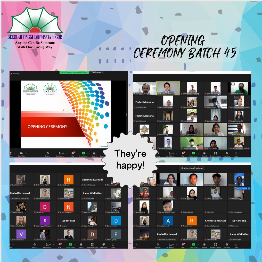 Sekolah Tinggi Pariwisata Bogor pada Tanggal 09 Maret 2022 melaksanakan Opening Ceremony Batch 45 Via Zoom

Untuk kalian mahasiswa/i Sekolah Tinggi Pariwisata Bogor yang baru saja bergabung di kampus kami
semangat selalu kuliahnya dan kejar cita - cita kalian setinggi mungkin.