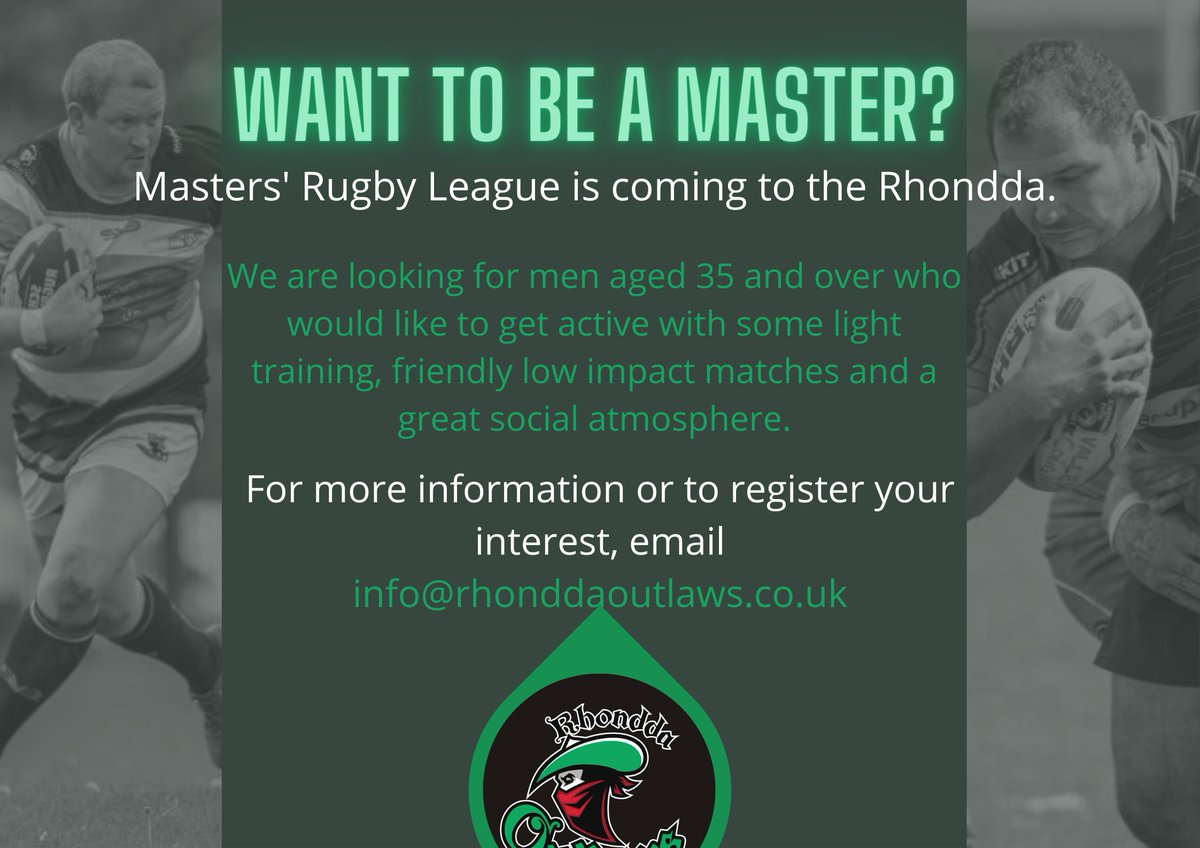 Masters' Rugby League is coming to the Rhondda. For more info or to register your interest, email info@rhonddaoutlaws.co.uk