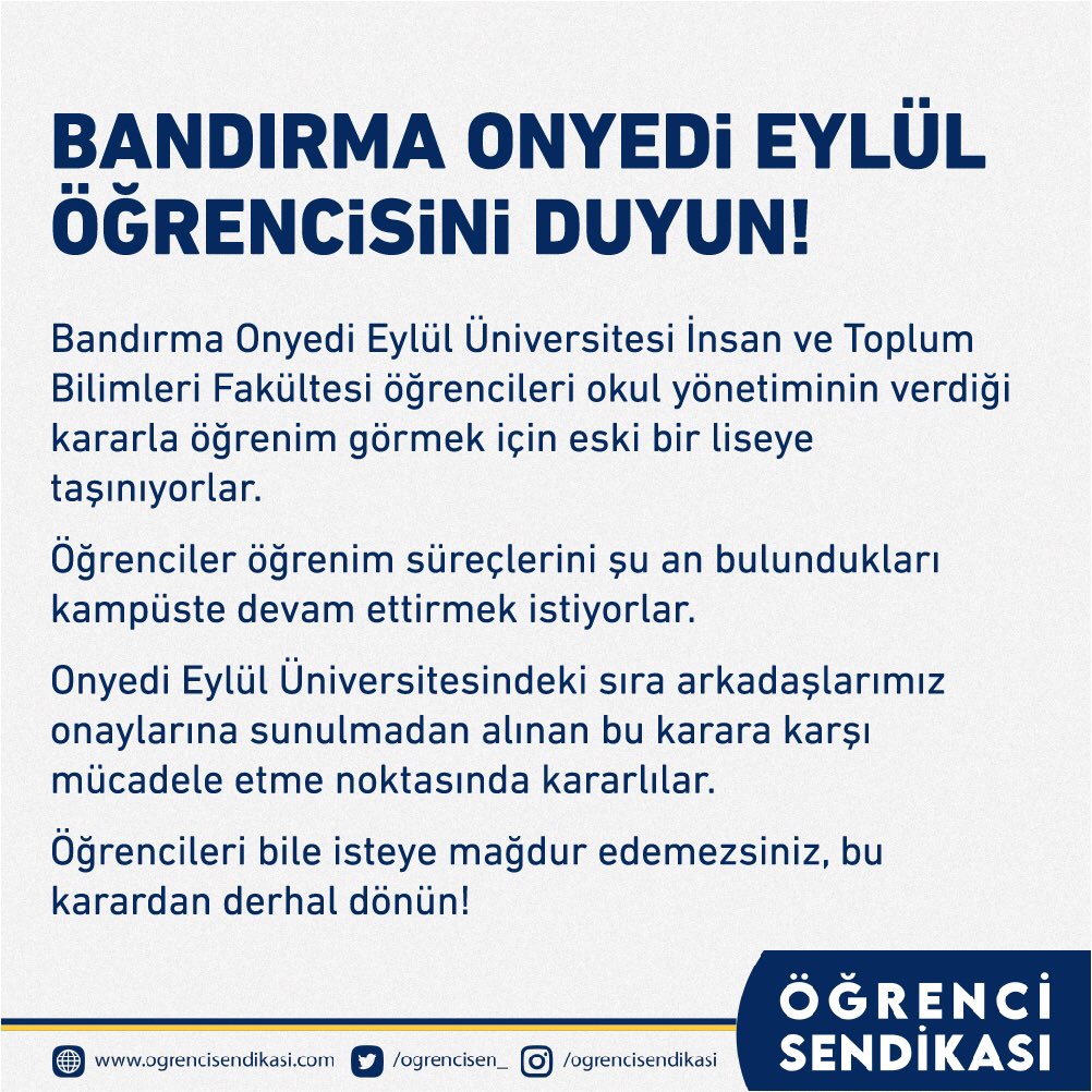 OgrenciSen_'s tweet photo. Bandırma Onyedi Eylül Üniversitesi İnsan ve Toplum Bilimleri Fakültesi öğrencileri kampüslerinden taşınmak istemiyorlar!

Okul yönetimi aldığı karardan dönmeli ve sıra arkadaşlarımızın mağduriyetlerini gidermelidir! https://t.co/KUgDCgdfdT