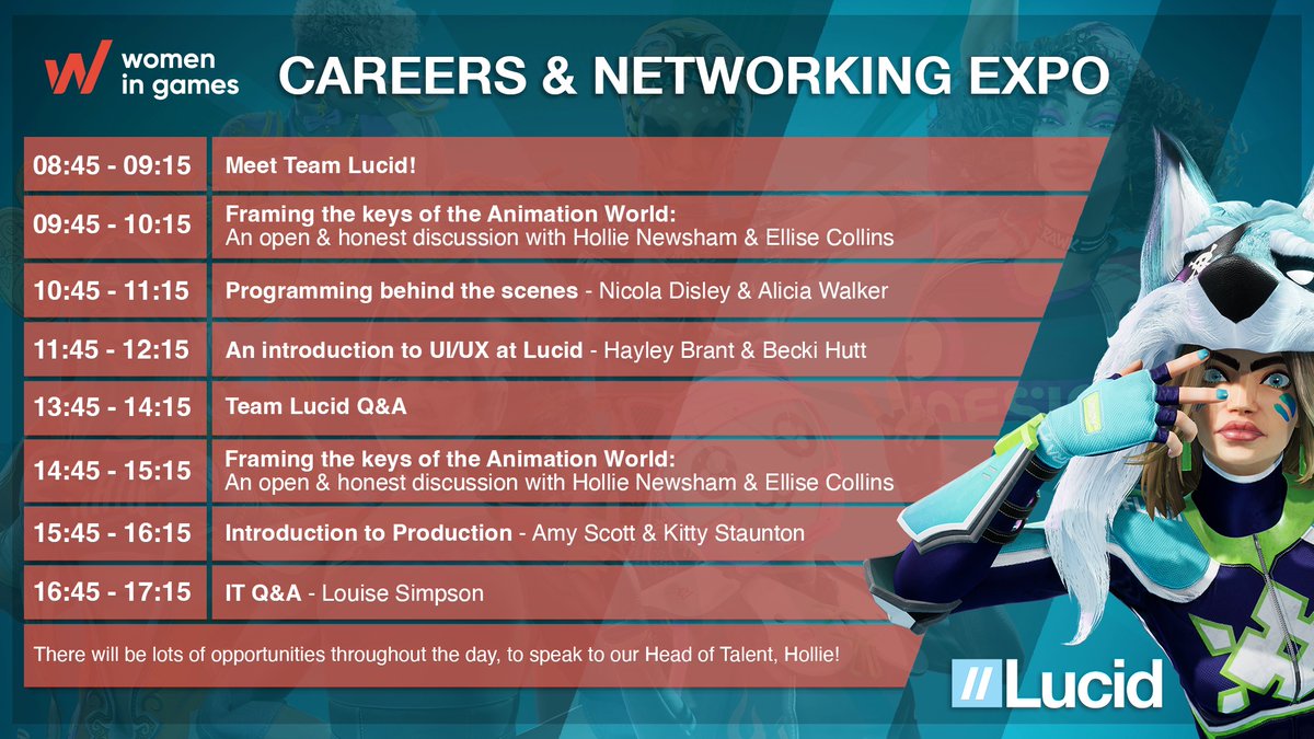 📣Join Us!📣

@wigj Careers & Networking Expo | 10th March 2022✨

See our scheduled talks below (GMT)🎙

There will also be lots of opportunities to chat to the team throughout the day!💙

Register⬇️for this free virtual event: bit.ly/3tJhXa4

#womeingames #WIGCE22
