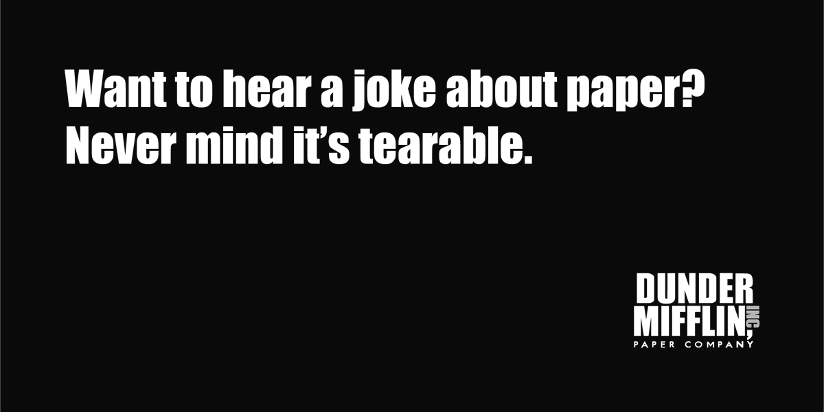 jamescdesigner's tweet photo. Want to hear a joke about paper?
Never mind it’s tearable.

@OneMinuteBriefs @PunHubOnline
#OnlyPuns #Advertising https://t.co/MDOE0vU5FM