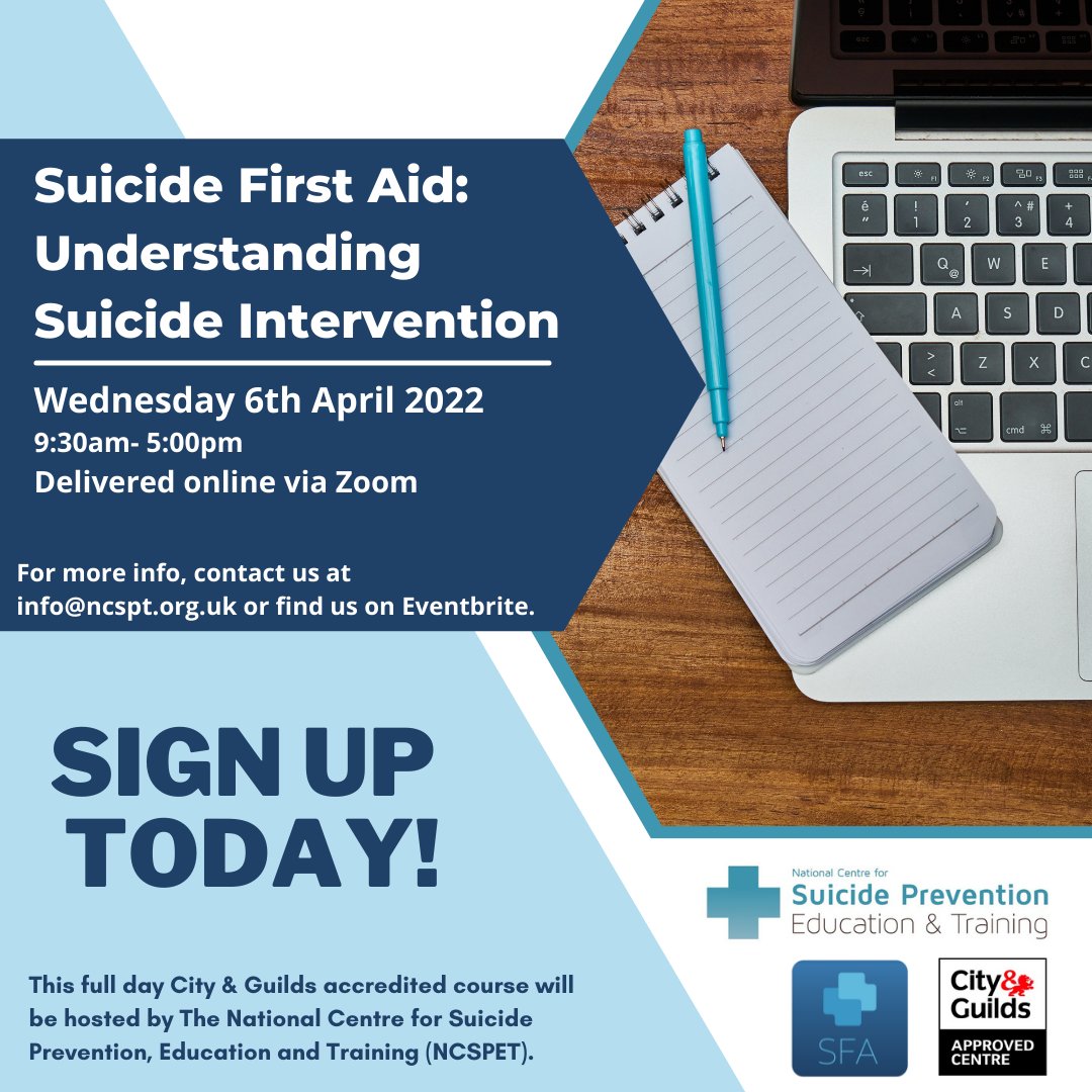 Sign Up Now! 📣 
Are you interested in learning more about the theory and practise of suicide intervention skills? If someone you know was thinking about suicide, would you know how to help? eventbrite.co.uk/e/293073760507

#suicideprevention #suicideawareness #SFA #opencourse
